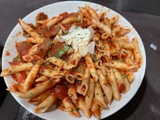Penne pasta in tomato sauce with cheese- Crustini pizza