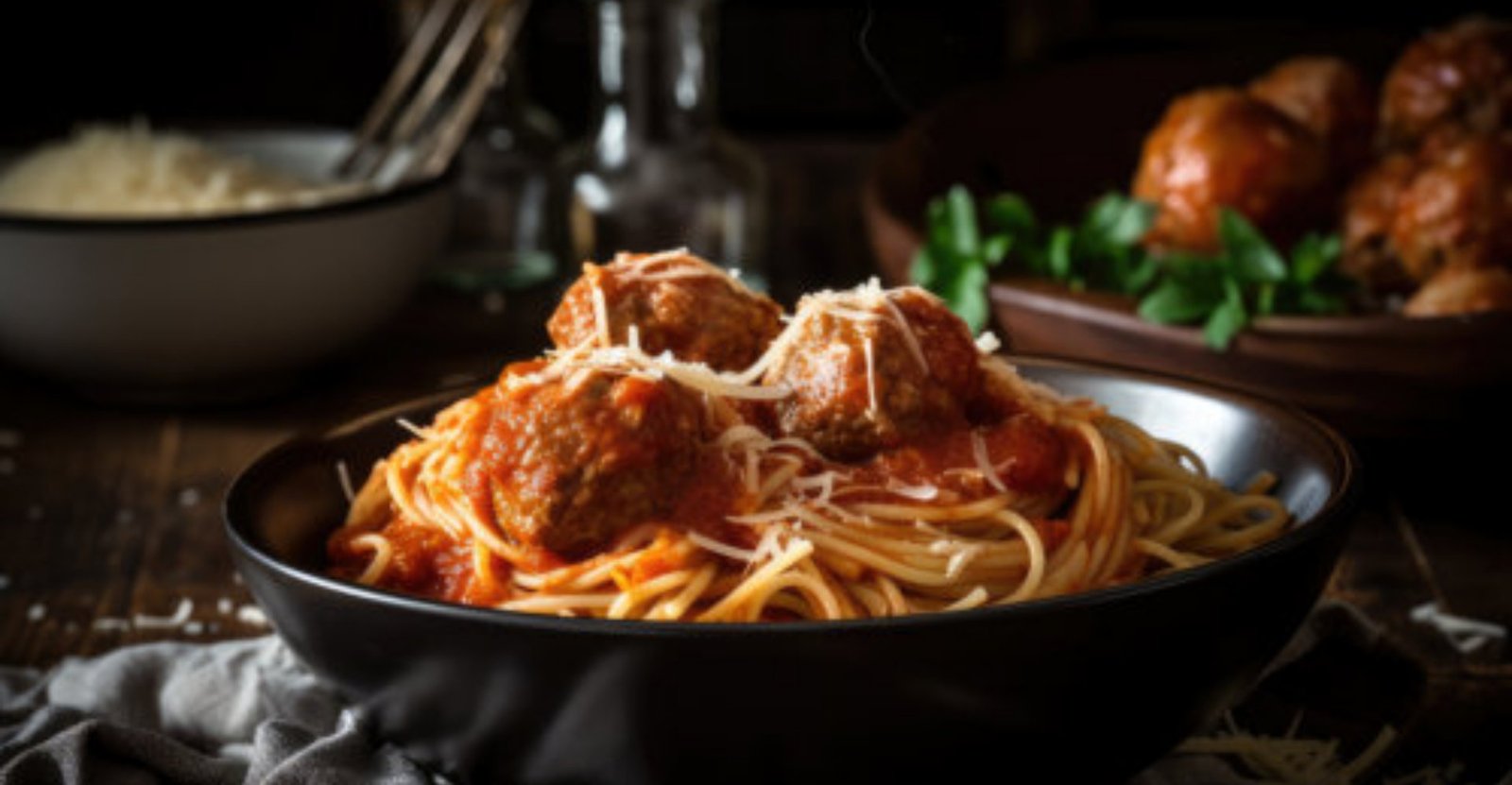 Bowl of spaghetti and meatballs - Crustini pizza